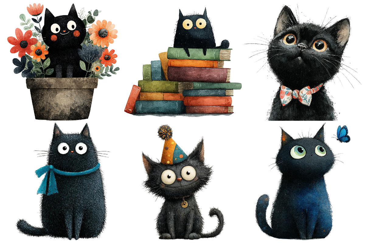 Whimsical Cute Black Cat Clipart, an Illustration by Pixels.Craft (Photo 6 of 6)
