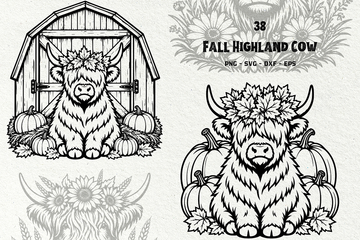 Fall Highland Cow Line Art Graphics, a Seasonal Illustration by DENIDigitalArtSudio (Photo 1 of 6)