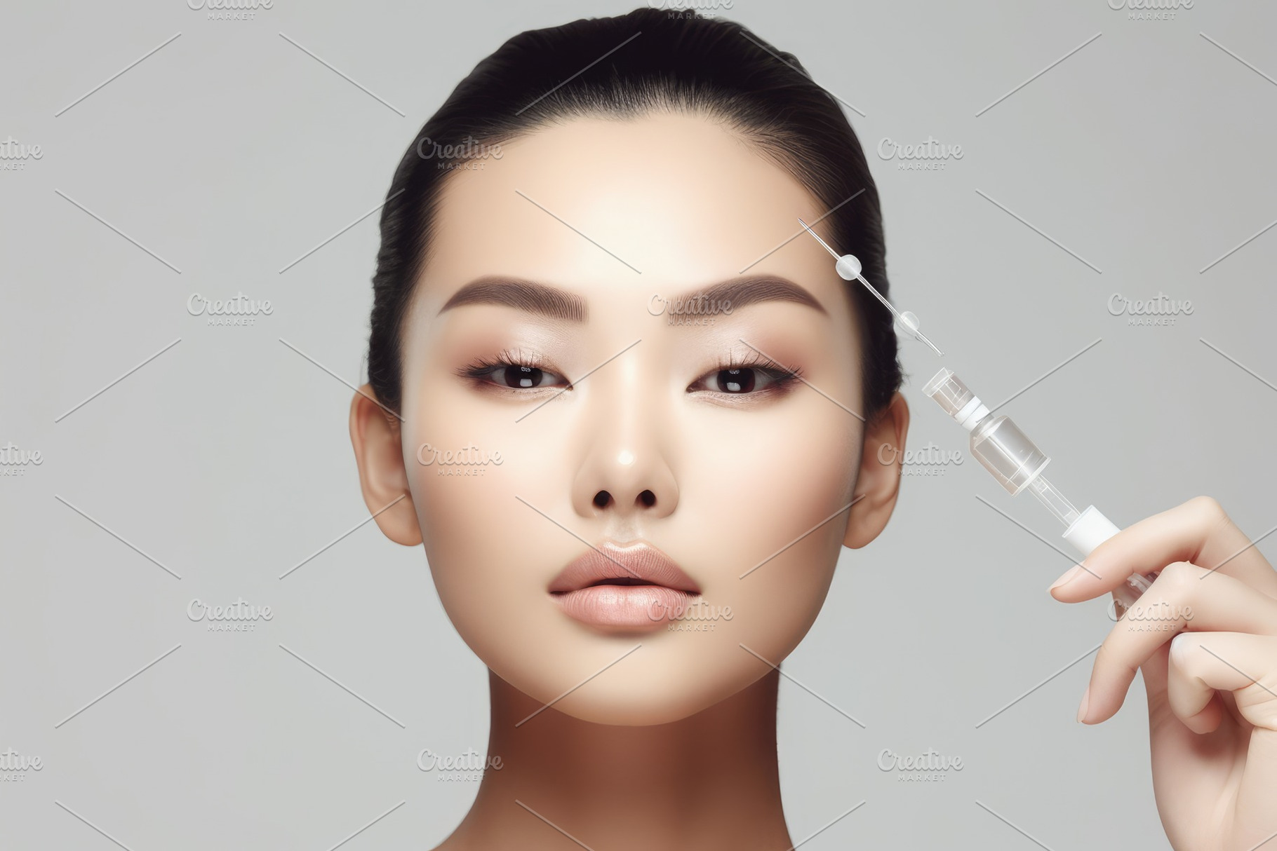 Face skincare, forehead injection and woman in studio isolated o, a Beauty & Fashion Photo by designvectx