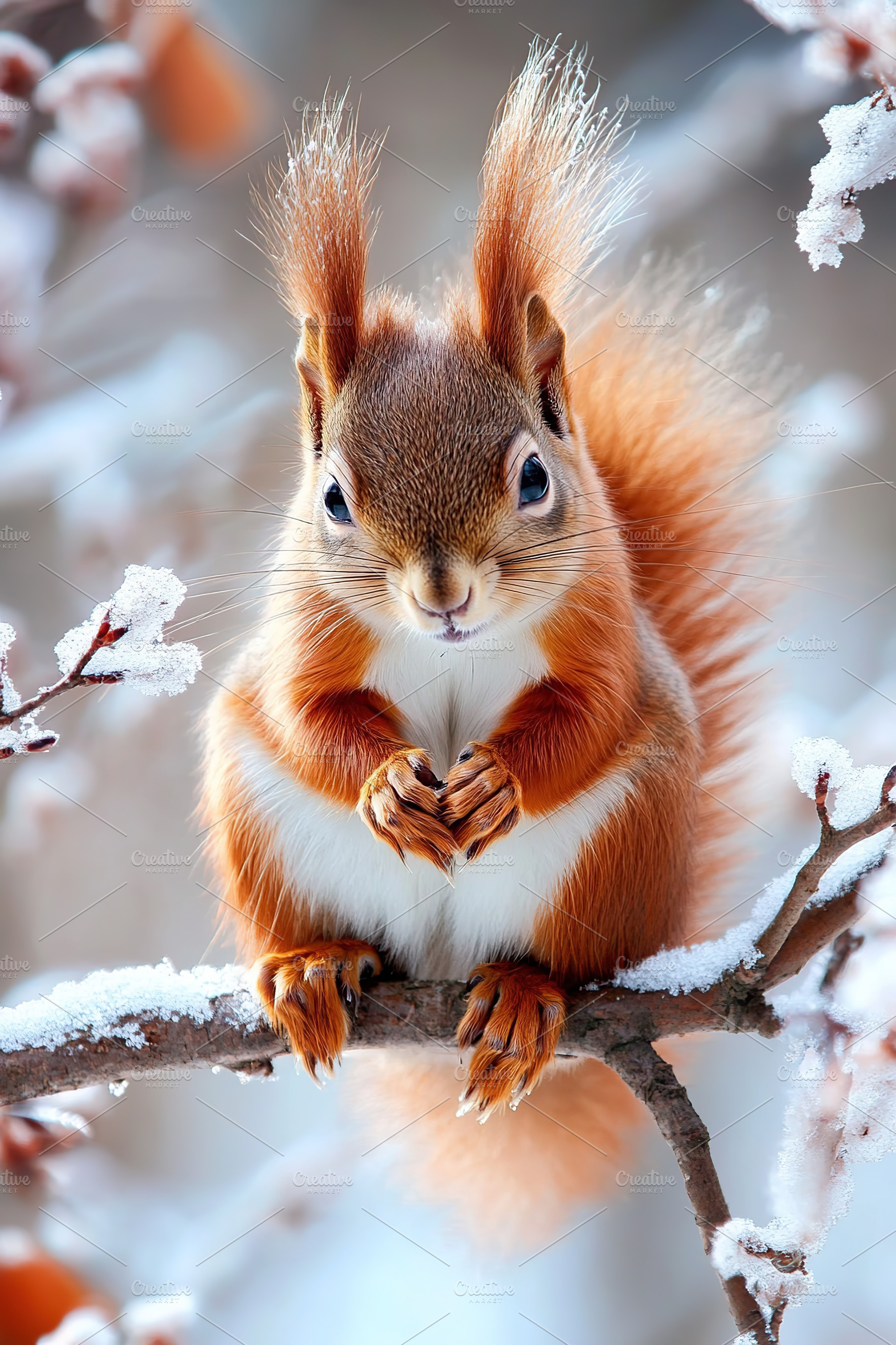 Squirrel perched on a snow-covered branch during winter in a forest setting, an Animal Photo by AlyaAnd