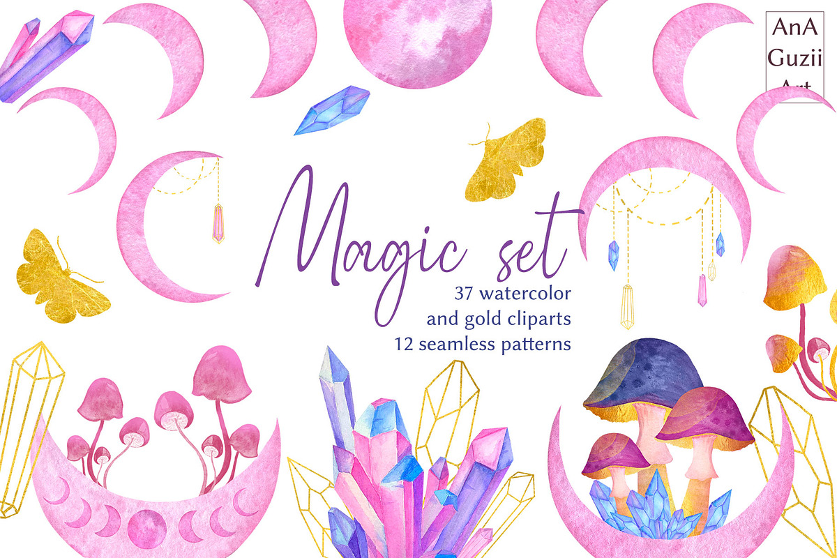 Magic crystals, moon and mushrooms., an Illustration by AnaGuziiArt (Photo 1 of 9)