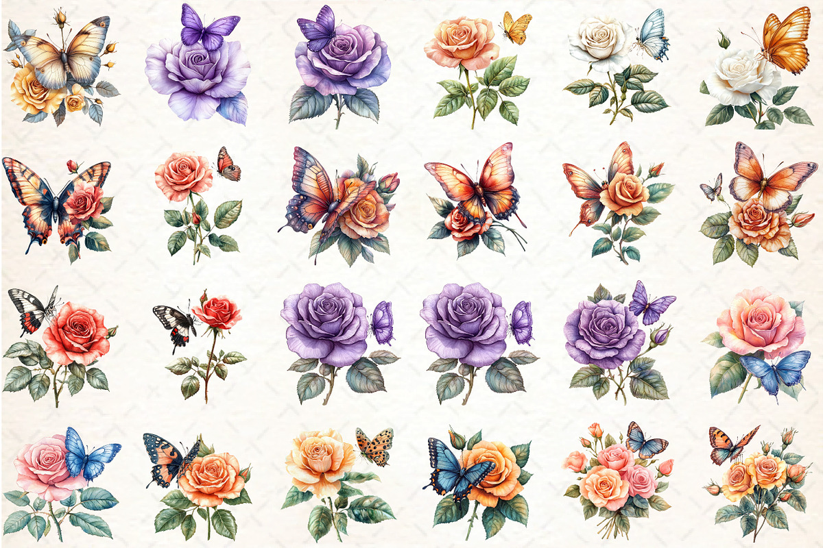 Watercolor Butterfly and Roses Clipa, an Illustration by DreamCafeArt (Photo 3 of 6)