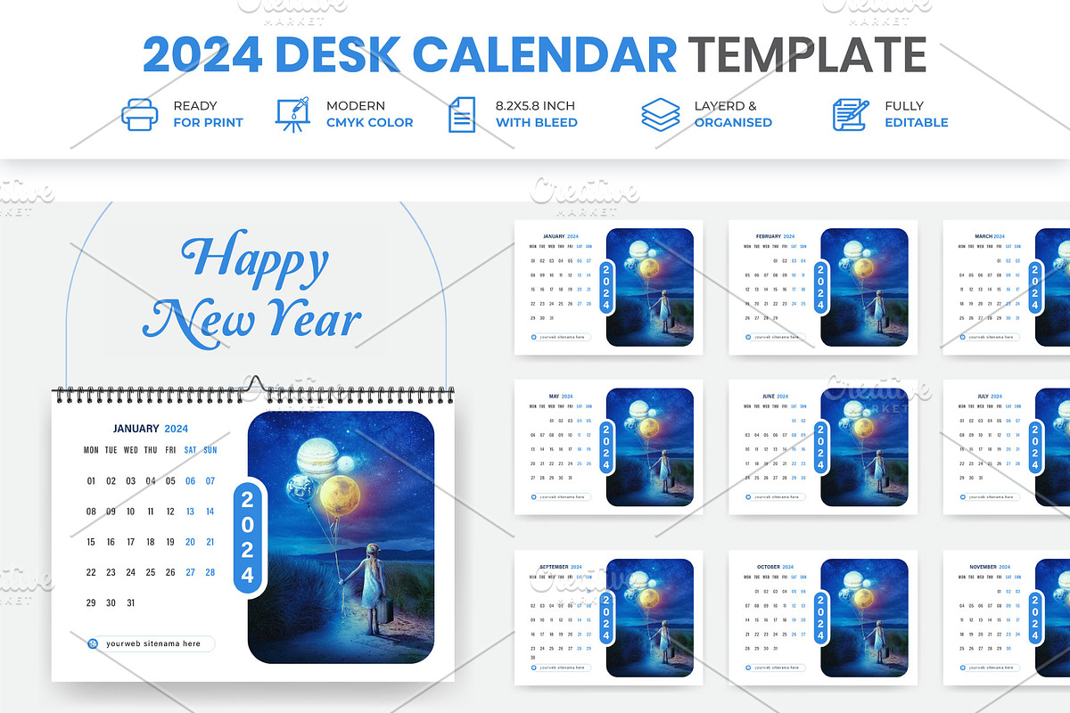 Business Desk Calendar Plan 2024, a Print Template by Mk_Studio