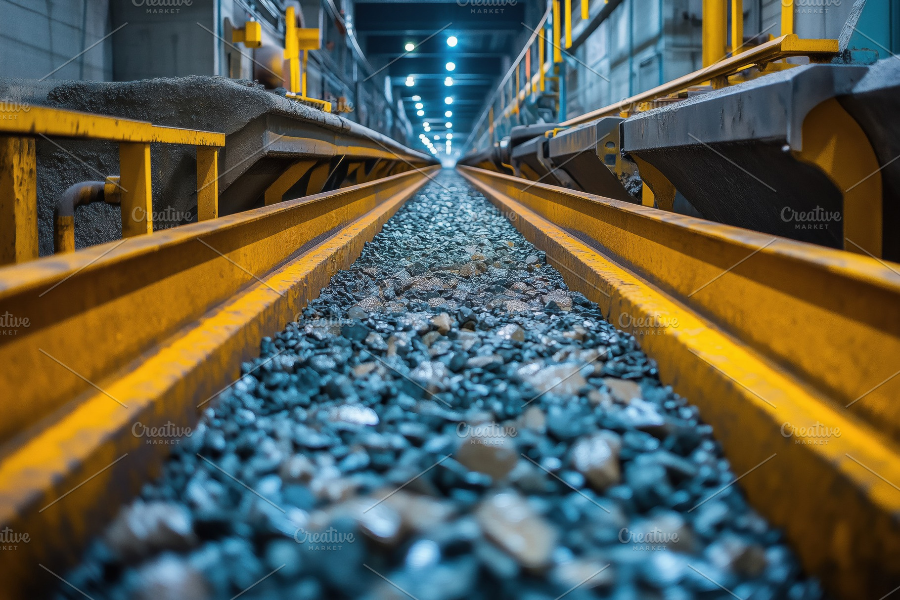 A close-up view of railway tracks with yellow railings, surrounded by gravel st, a Person Photo by Textures & Backgrounds