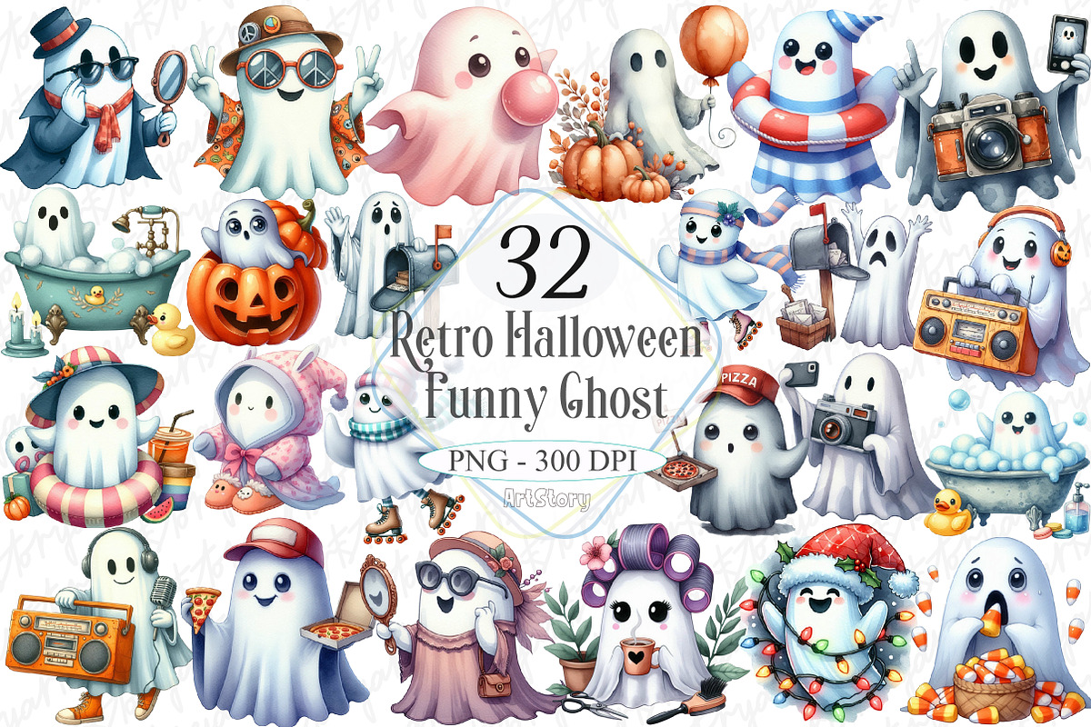 Funny Retro Halloween Ghost Clipart, a Graphic by designcity5 (Photo 1 of 5)