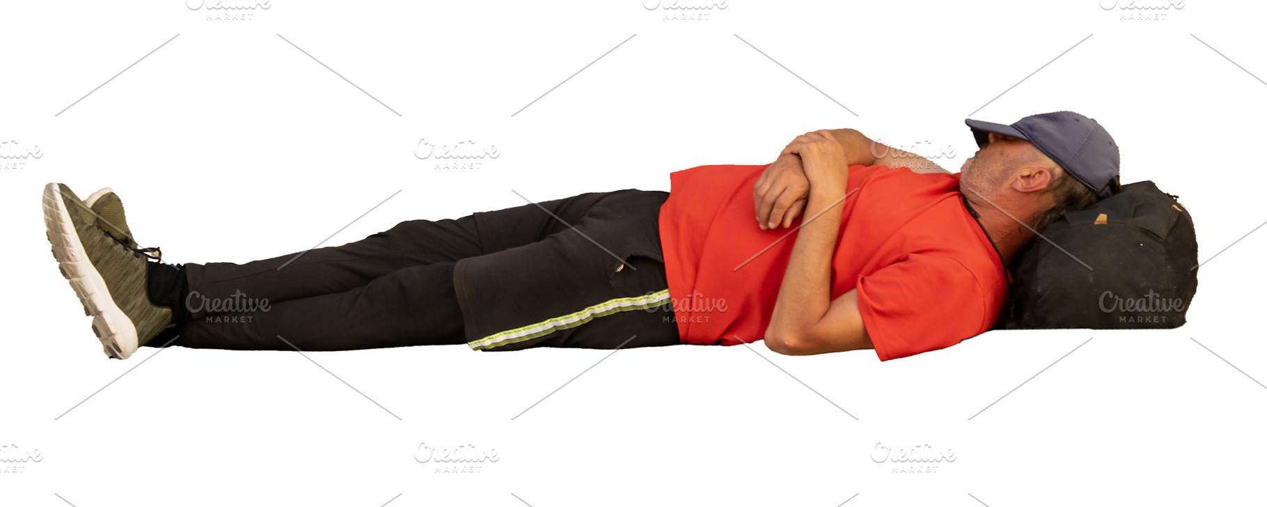 Isolated image of man sleeping with head on backpack, a Person Photo by DanFLCreativo
