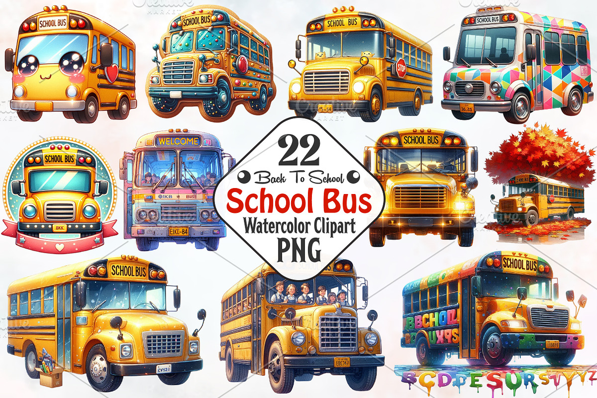 Back To School Bus Watercolor Png, an Illustration by RobertsArt (Photo 1 of 7)