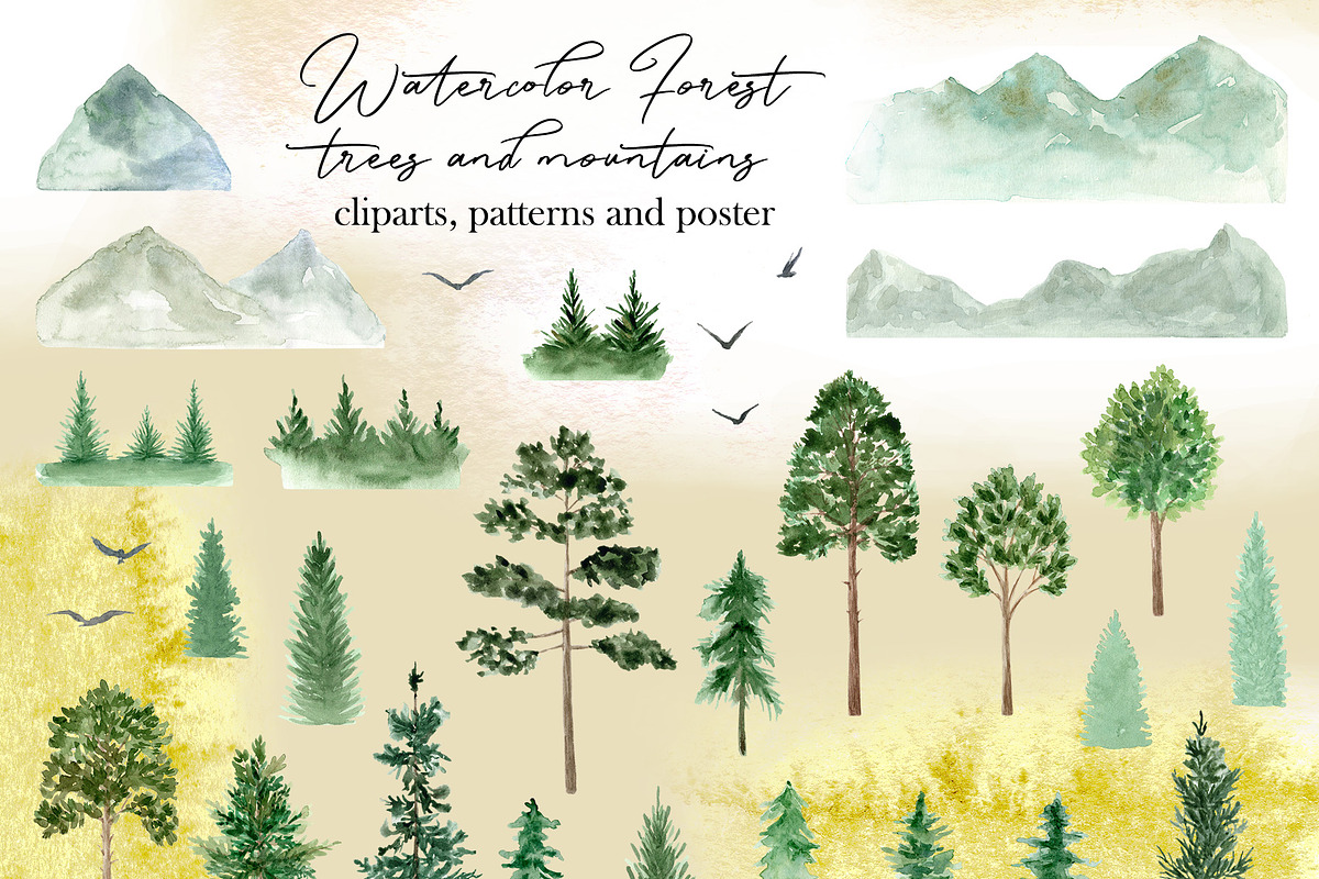 Watercolor Forest Mountains, Trees, a Decorative Illustration by Slastick (Photo 2 of 8)
