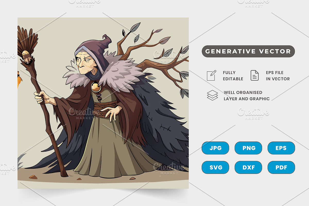 A wise old crone with a cloak of fea, a Graphic by SaroStock