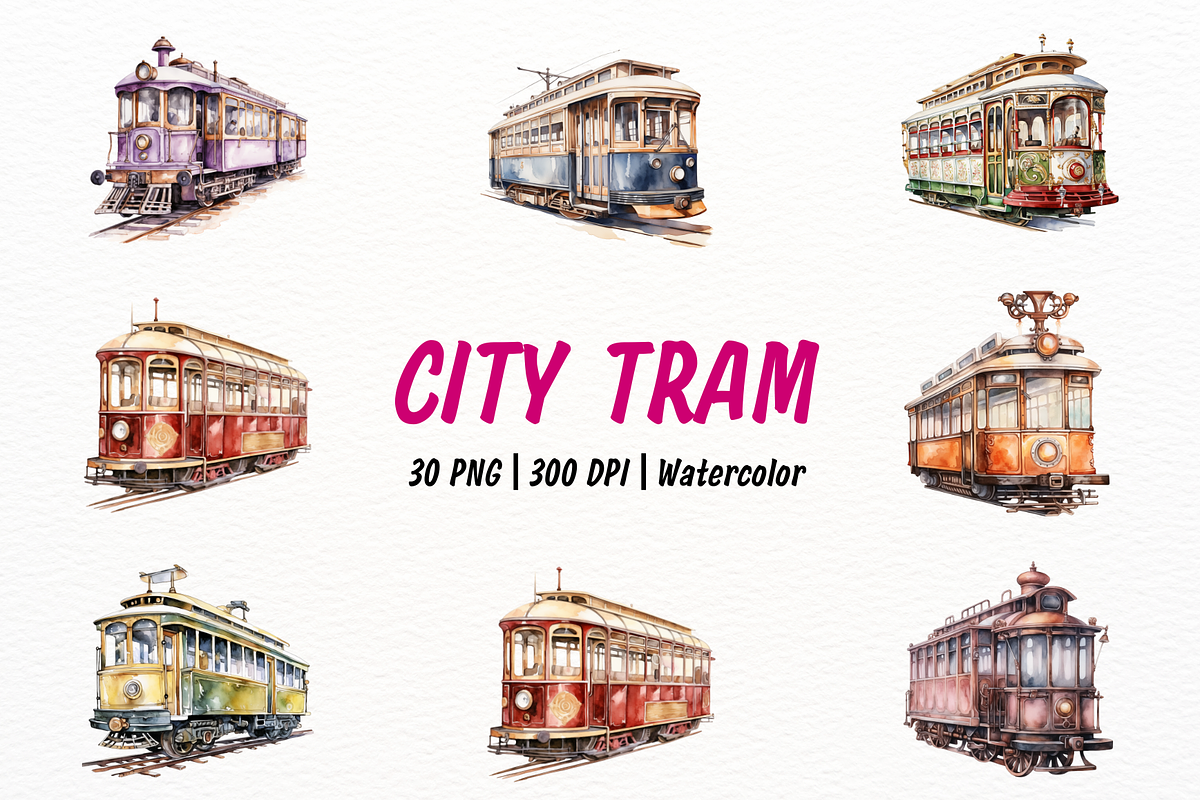 Vintage City Tram Watercolor Clipart, an Object Illustration by New-School-Wave (Photo 1 of 5)