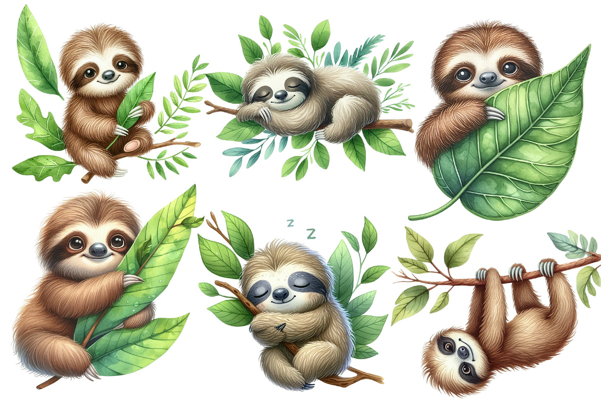 Sloth watercolor clipart, an Illustration by Designworld (Photo 2 of 6)