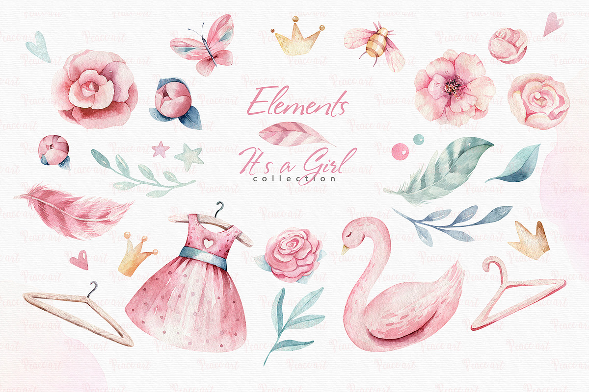 Baby girl watercolor collection, a Decorative Illustration by Peace ART