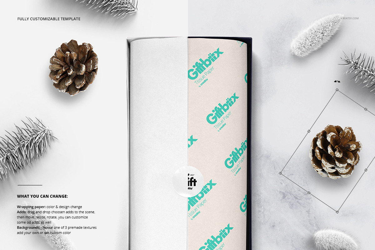 GiftBox Wrapping Tissue Paper Mockup, a Pens & Pencil Mockup by creatsy5 (Photo 5 of 18)