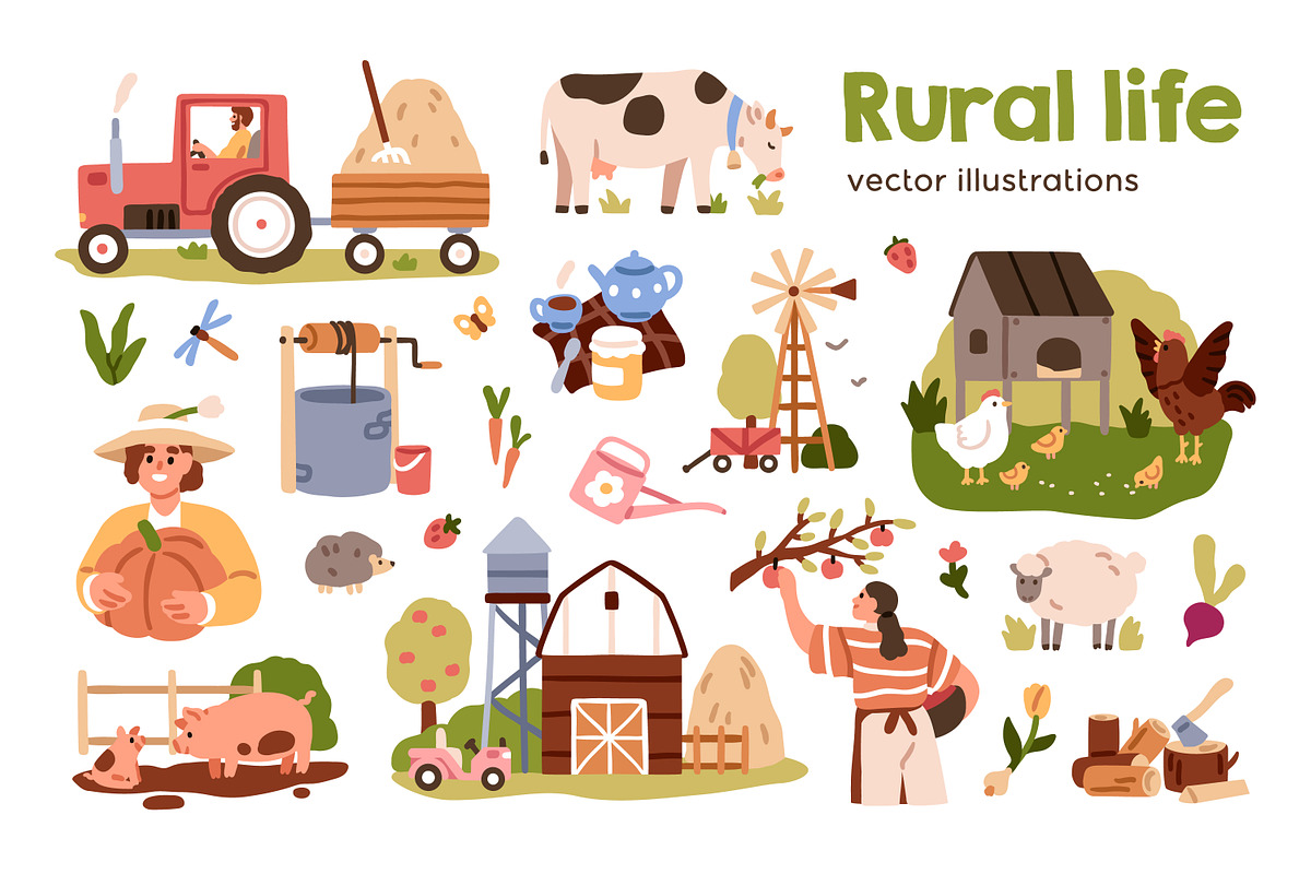Rural life. Cute farm set, a Person Illustration by Good Studio (Photo 1 of 5)