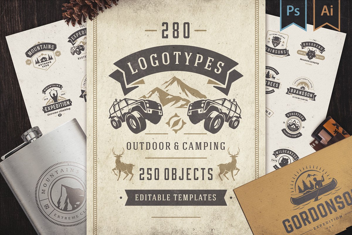 280 Outdoor logos and badges, a Branding & Logo Template by Vasya Kobelev (Photo 1 of 83)