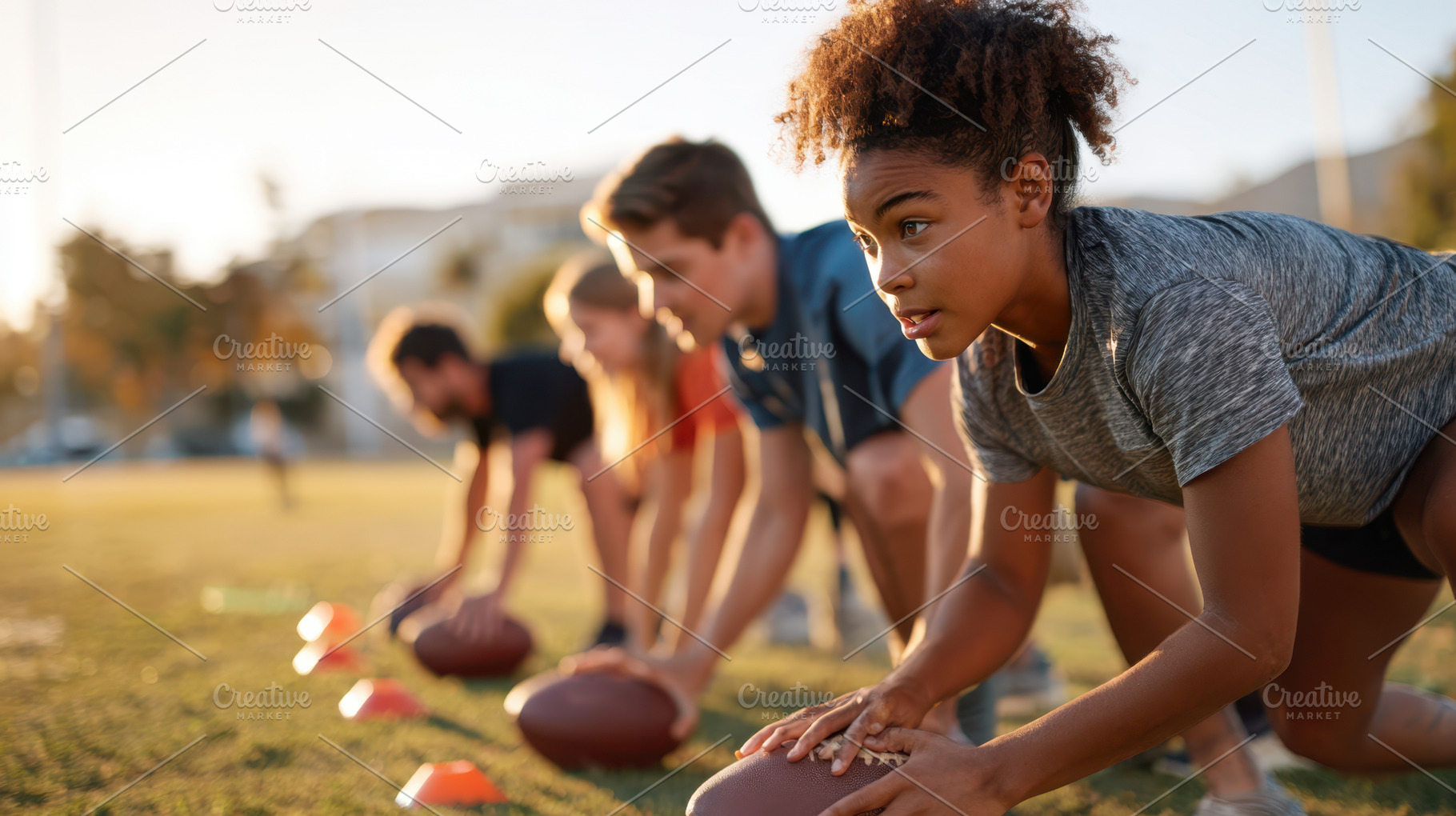 Youth athletes practicing football drills at sunset, a Sports & Recreation Photo by AlyaAnd