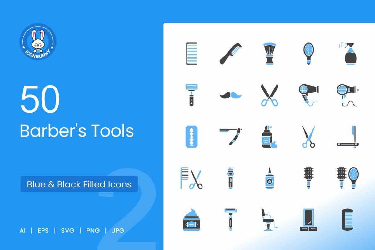 50 Barber’s Tools Blue & Black Icons, an Icon by IconBunny (Photo 1 of 2)