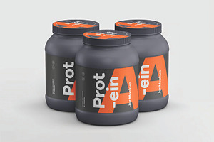 Three Plastic Protein Jars Mockup, a Packaging Mockup by DesignRushMarket