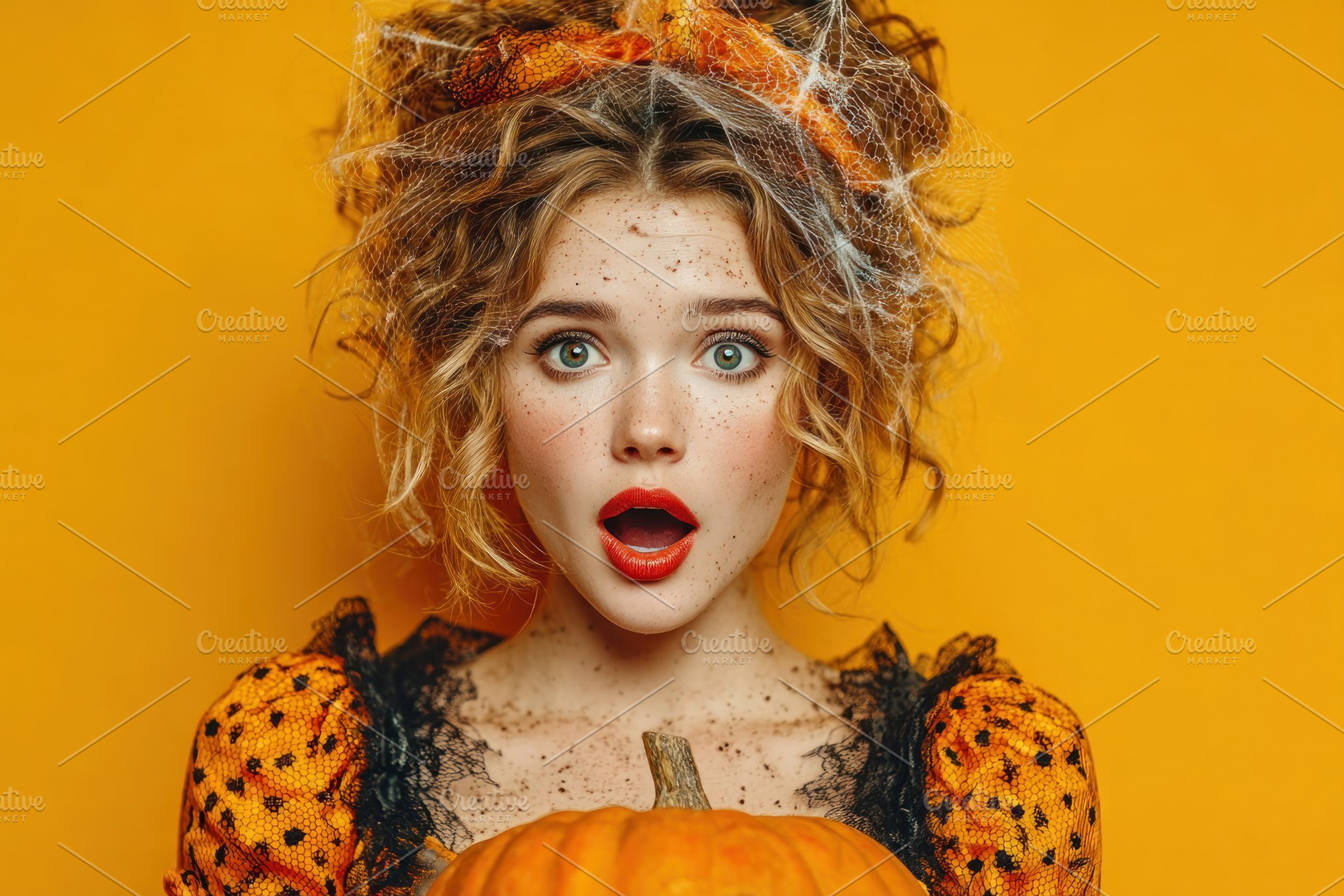 Shocked young woman with red lips and spiderweb veil holding pum, a Person Photo by José Manuel Gelpi
