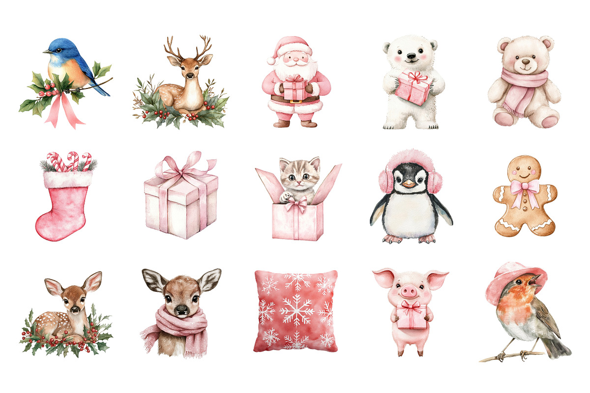 Watercolor Pink Christmas Clipart, an Illustration by SinaCreation (Photo 2 of 7)