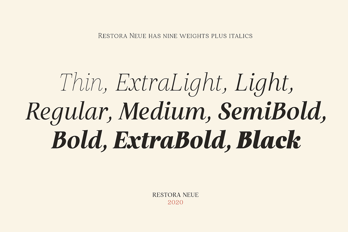 Restora Neue - 18 Fonts, a Serif Font by Nasir Udin (Photo 15 of 20)