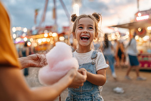 Joyful girl enjoying cotton candy at a fair, a Person Photo by AlyaAnd