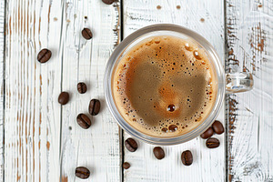 Flat lay of cup of coffee and beans on wooden table, a Food & Drink Photo by AlyaAnd