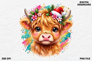 Cute Pink Christmas Highland Cow PNG