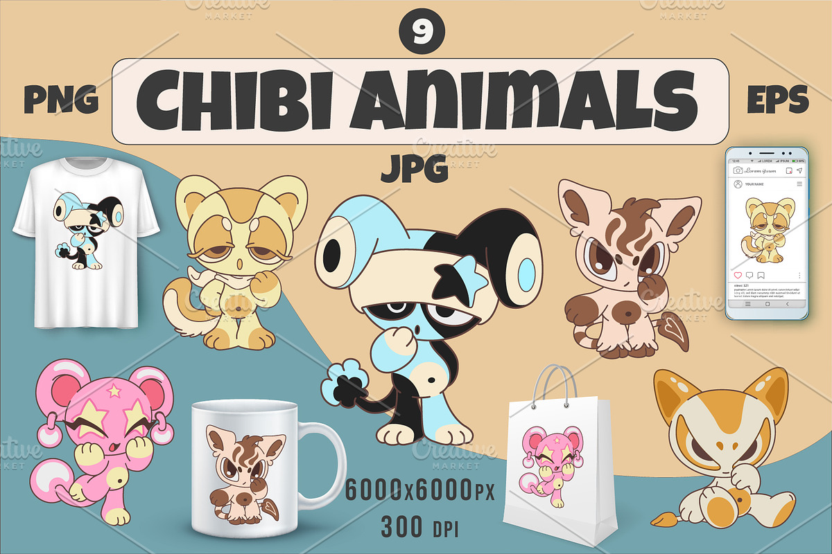 Chibi animals set 09. Tshirt, PNG., an Animal Illustration by KENO Mascots (Photo 1 of 6)