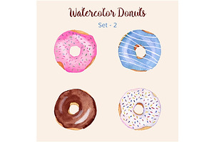 4 Hand painted watercolor donuts