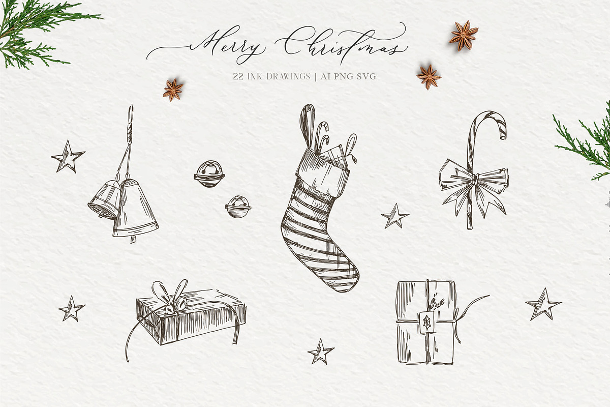 Christmas vintage line illustrations, a Decorative Illustration by Summer Nightingale Art (Photo 2 of 7)