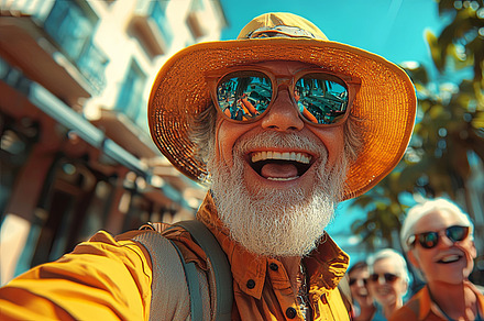 Joyful senior friends capturing a vibrant moment on vacation, an Illustration by AS photostudio