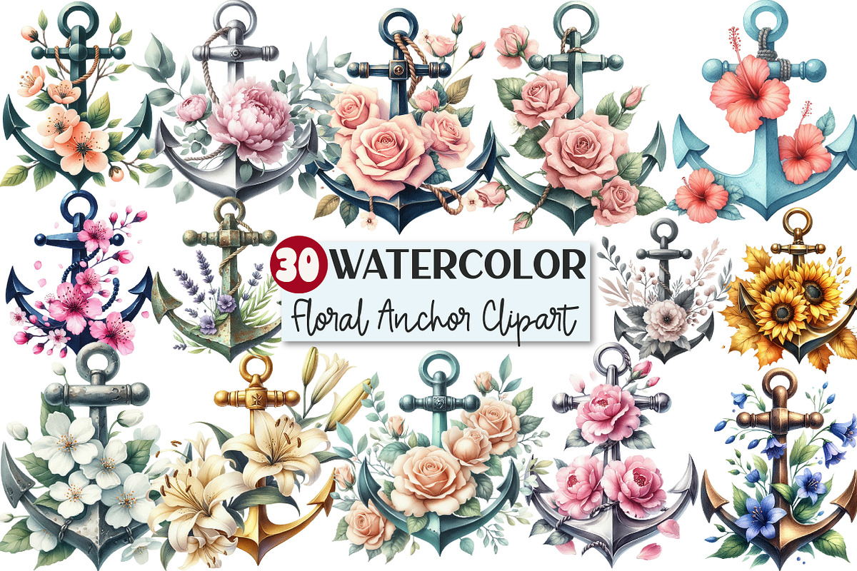 Watercolor Floral Anchor Clipart, an Illustration by Rose Art (Photo 1 of 4)