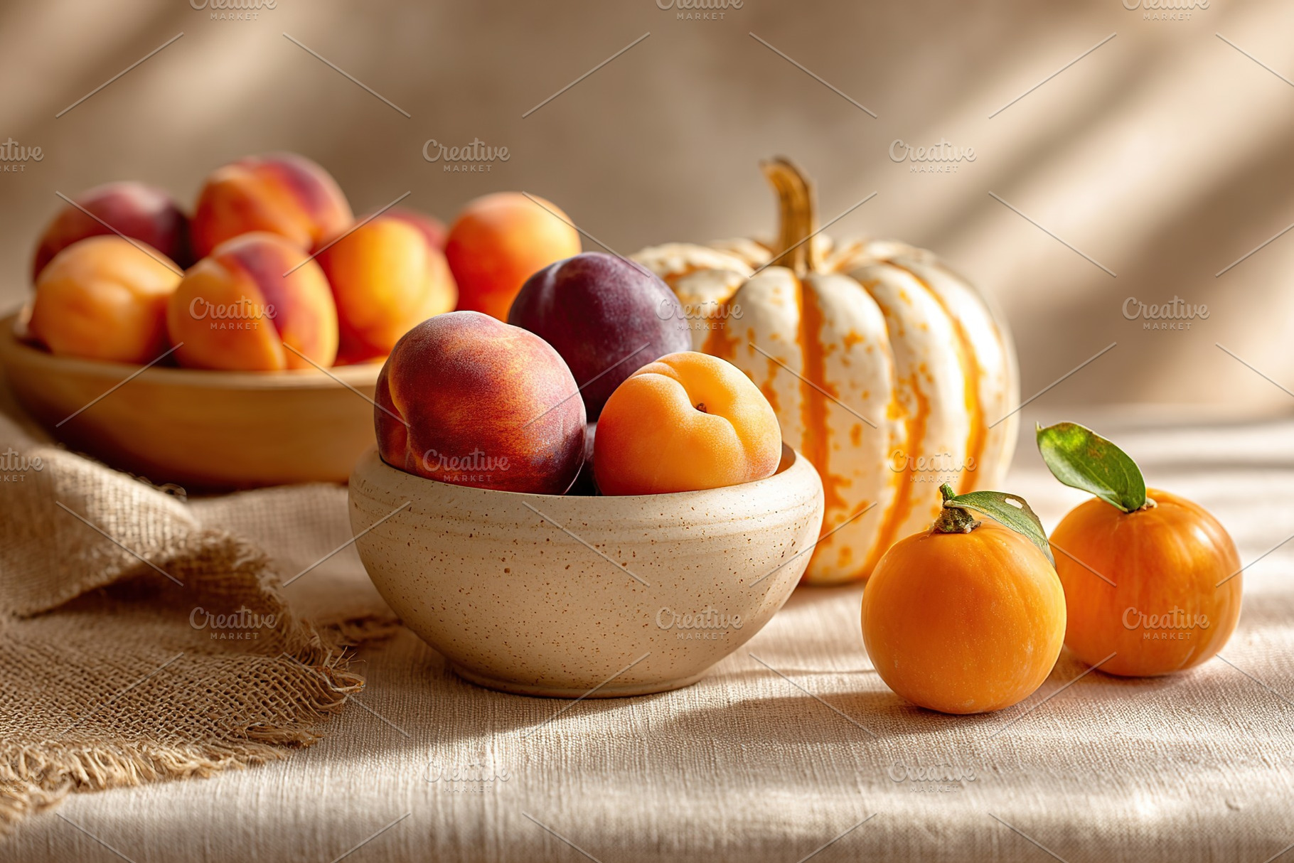Late summer fruits displayed on a kitchen table with natural light and warm col, a Food & Drink Photo by AlyaAnd
