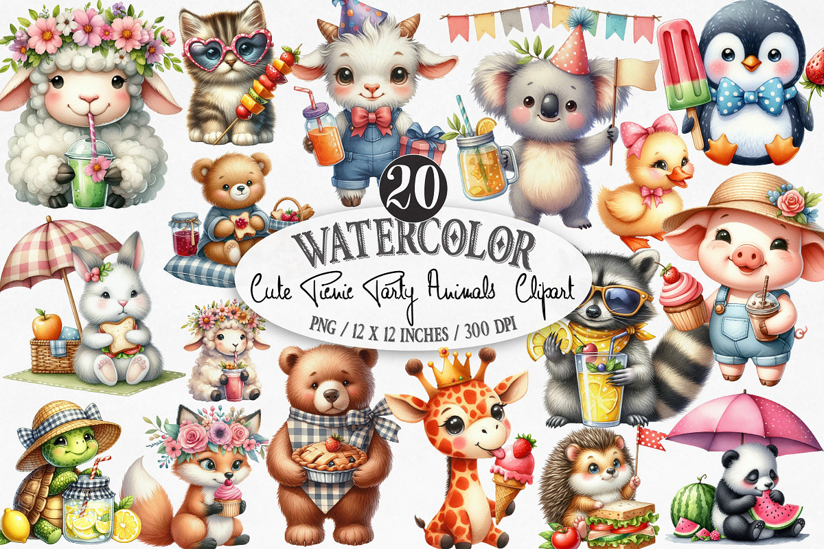 Cute Picnic Party Watercolor Animals, an Illustration by Designking (Photo 1 of 4)