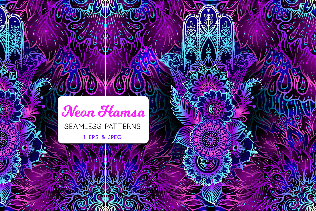 Neon Hamsa Seamless Pattern, a Pattern Graphic by Elen-Lane (Photo 1 of 2)