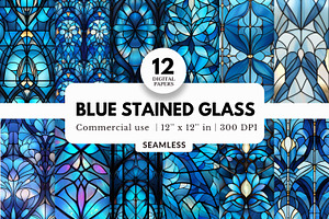 12 Blue Stained Glass Digital Papers, a Pattern Graphic by NorthWindPixels