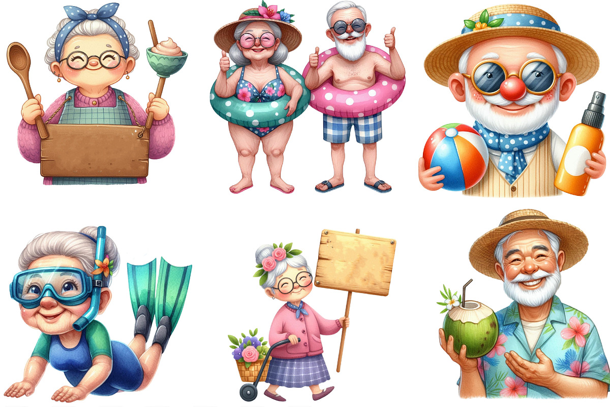 Funny Summer Old Couple Clipart, an Illustration by Designking (Photo 2 of 4)