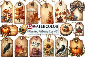 Vintage Wooden Autumn Tags Clipart, an Illustration by Rose Art