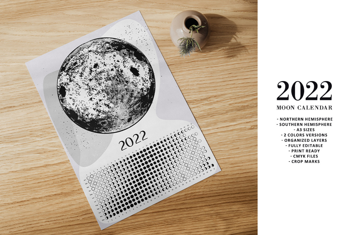 Moon Calendar 2022 Black&White, a Stationery Template by land art (Photo 2 of 7)