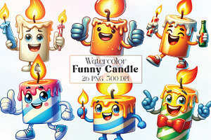 Watercolor Funny Candle Clipart, an Illustration by CraftArtStudio
