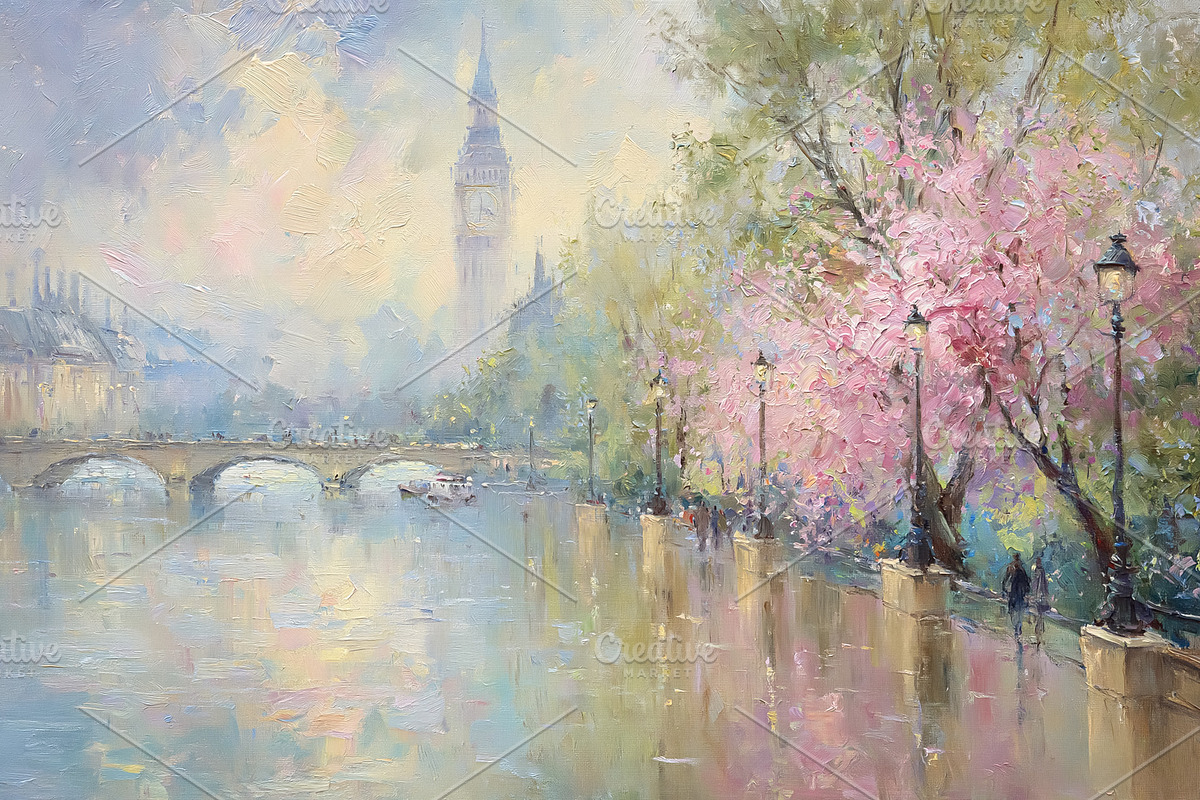London spring landscape with Houses of Parliament, clock tower,, an Illustration by Studio ANNA