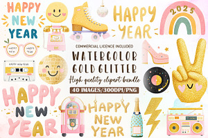 Retro Gold Glitter Happy New Year PN, an Illustration by Sublimation Artist