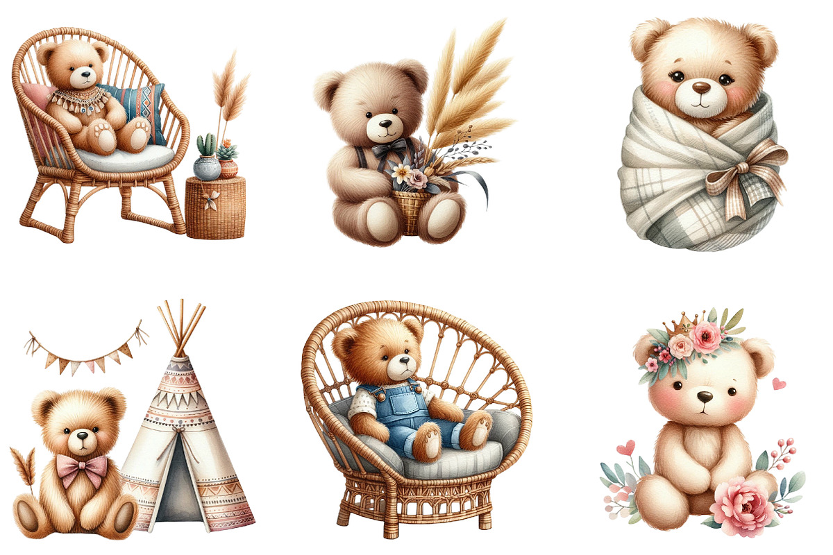 Nursery Teddy Bear Clipart,Boho, an Illustration by DreamArtGraphic (Photo 6 of 7)