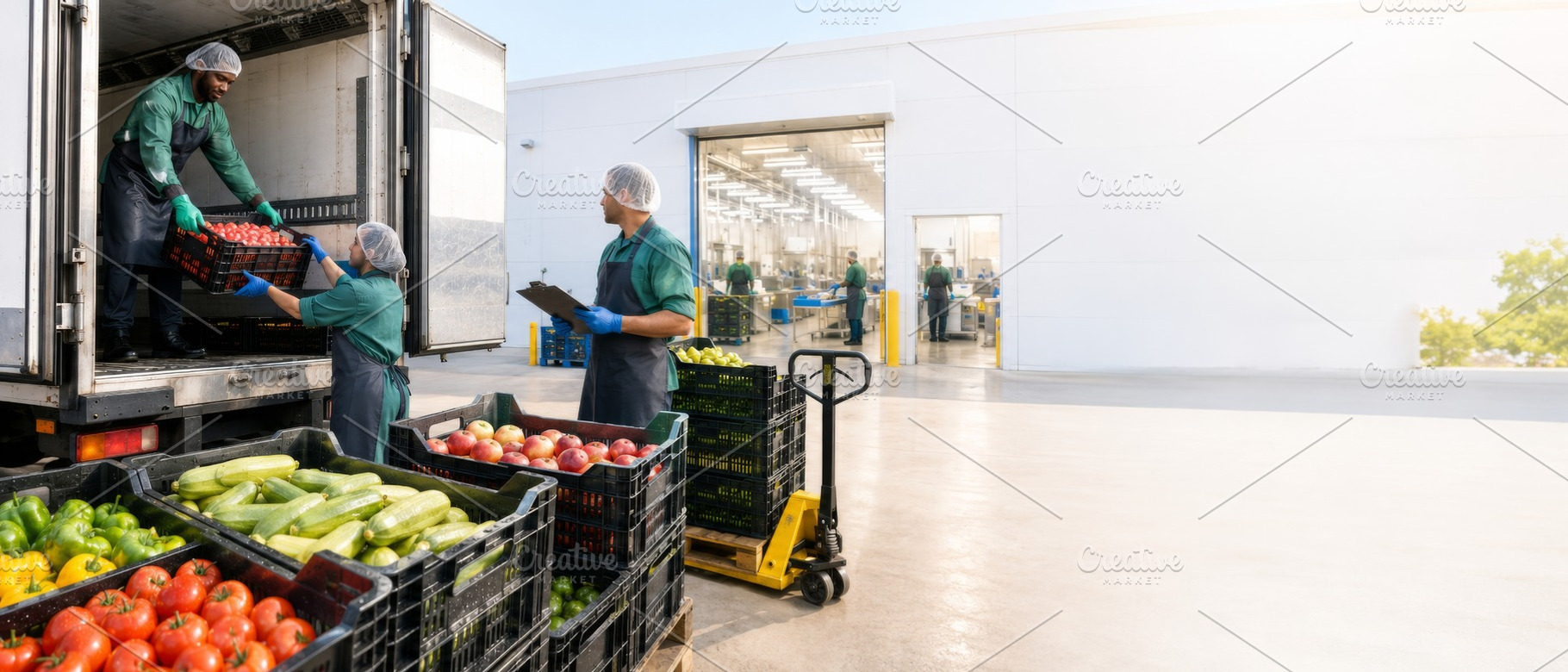 Workers unloading fresh produce at d, a Photo by Dvoevnore photos