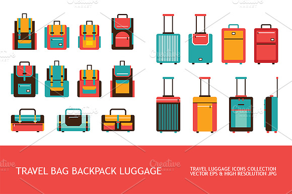 Luggage Travel Bag Backpack Icon Set