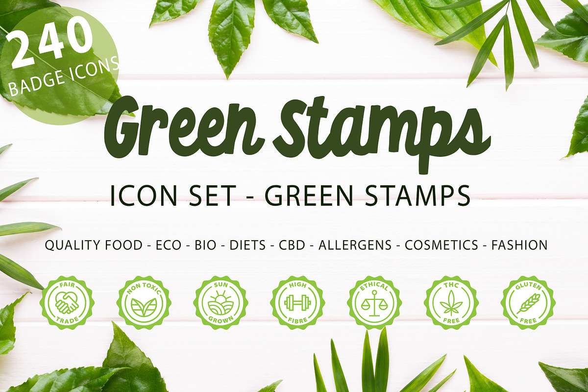Eco, bio and quality green stamps, an Outline Icon by RevolutionizZed (Photo 1 of 11)