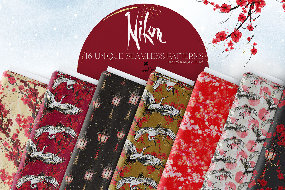 Japanese Cranes Seamless Patterns, a Pattern Graphic by KaramfilaS (Photo 1 of 19)