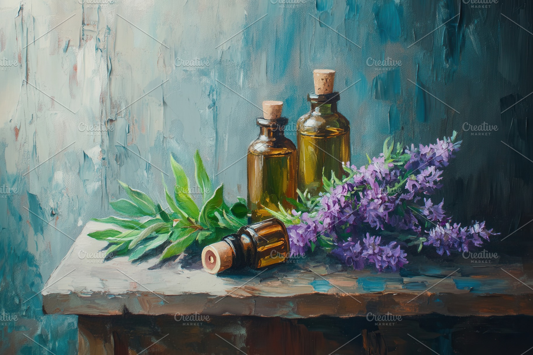 Essential oils, sage & purple flower, a Photo by Pavel_design