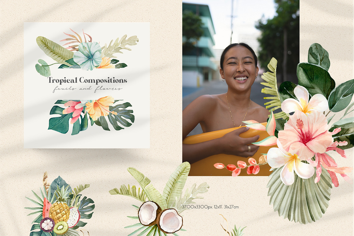 Tropical Flowers, Fruits and Leaves, a Decorative Illustration by Julia M. Watercolor (Photo 4 of 14)
